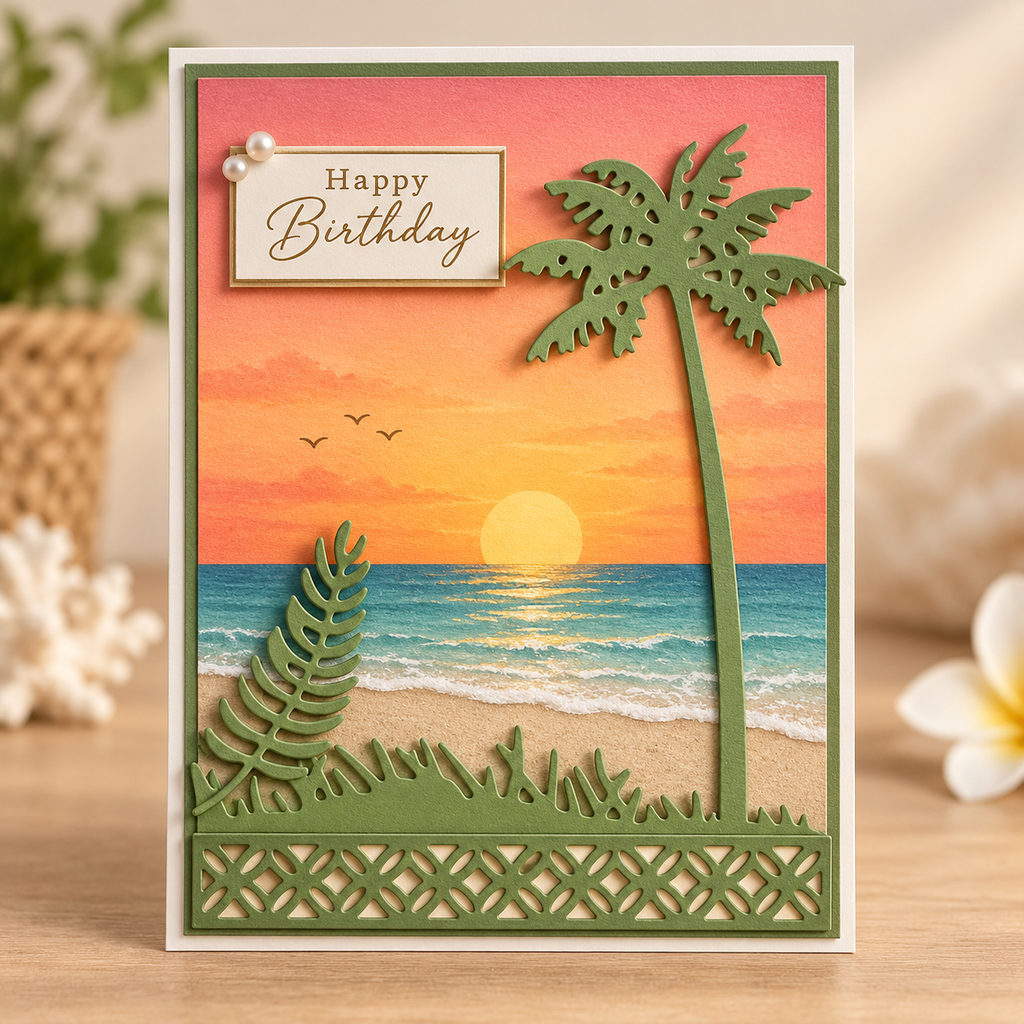 Palm Tree and Tropical Leaf Metal Cutting Dies Set with Decorative Border for Card Making