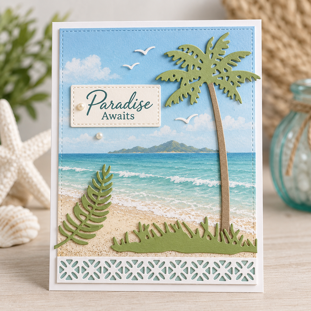 Palm Tree and Tropical Leaf Metal Cutting Dies Set with Decorative Border for Card Making