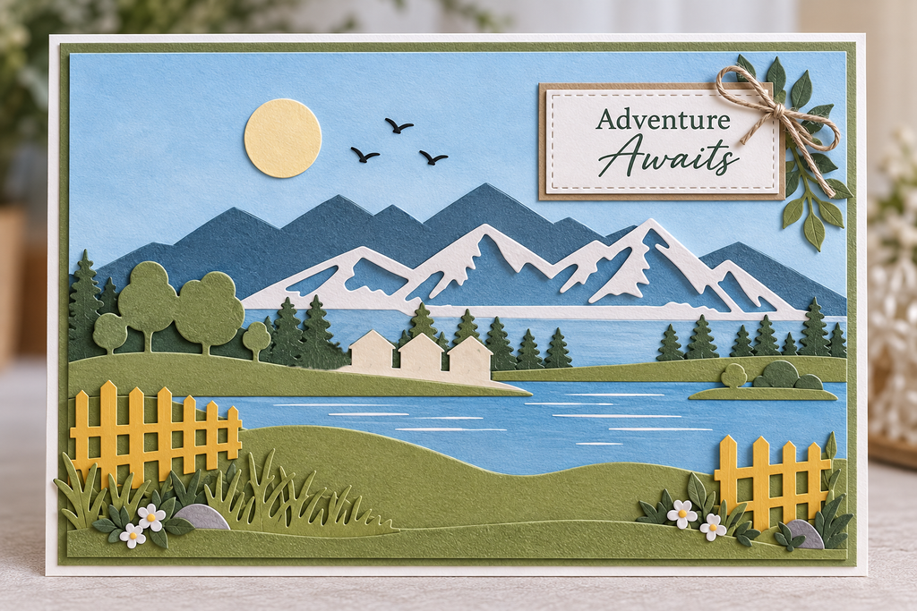 Mountain Landscape Metal Cutting Dies Set with Hills Fence and Houses for Card Making