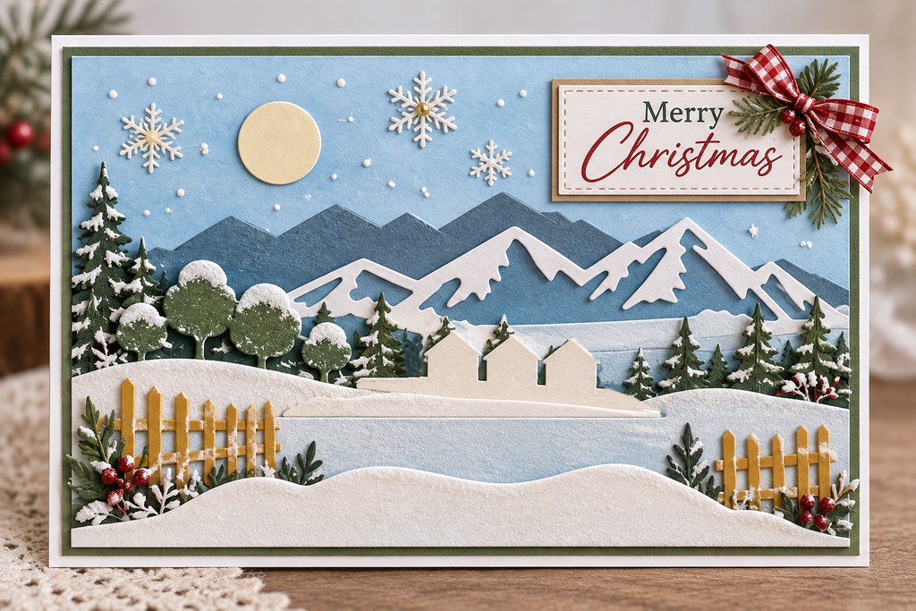 Mountain Landscape Metal Cutting Dies Set with Hills Fence and Houses for Card Making