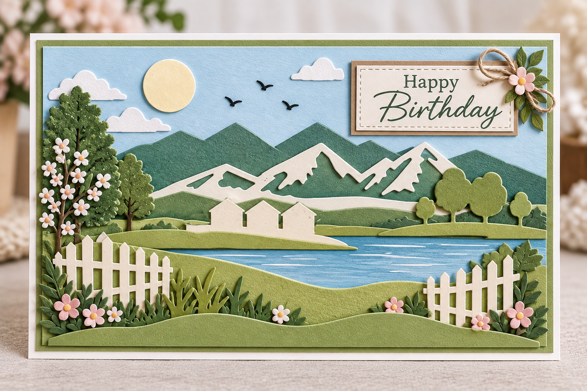 Mountain Landscape Metal Cutting Dies Set with Hills Fence and Houses for Card Making