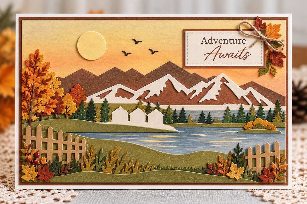 Mountain Landscape Metal Cutting Dies Set with Hills Fence and Houses for Card Making