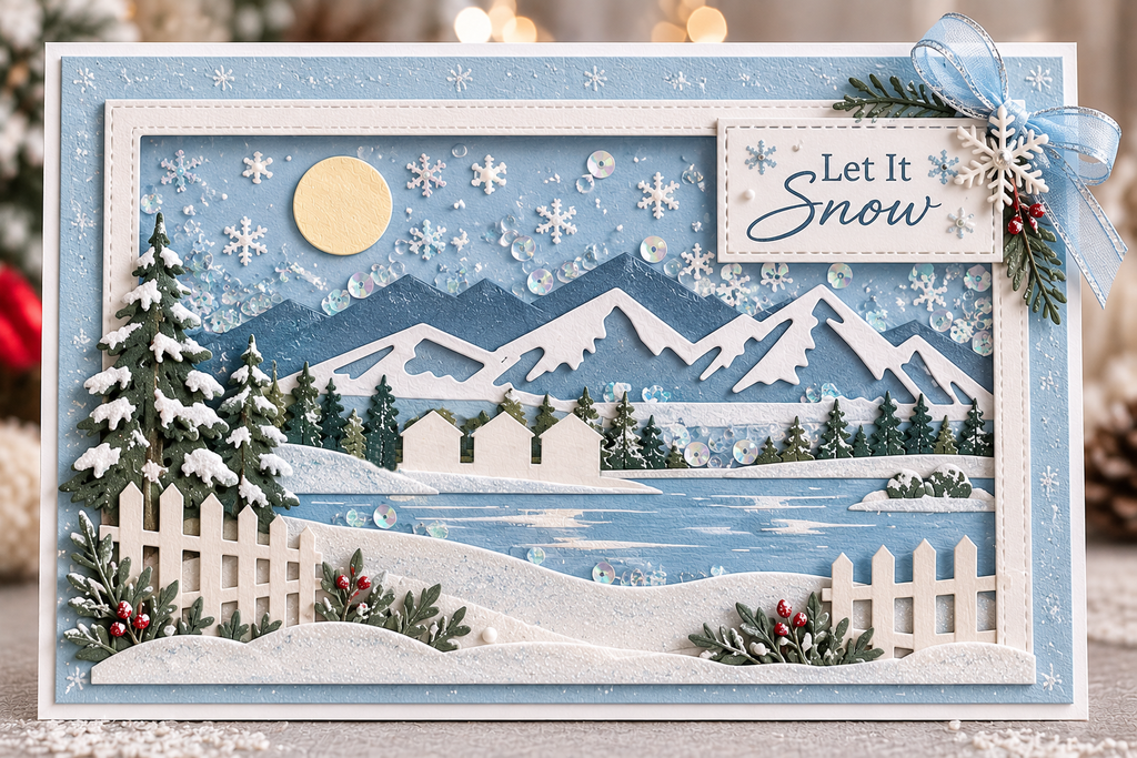 Mountain Landscape Metal Cutting Dies Set with Hills Fence and Houses for Card Making