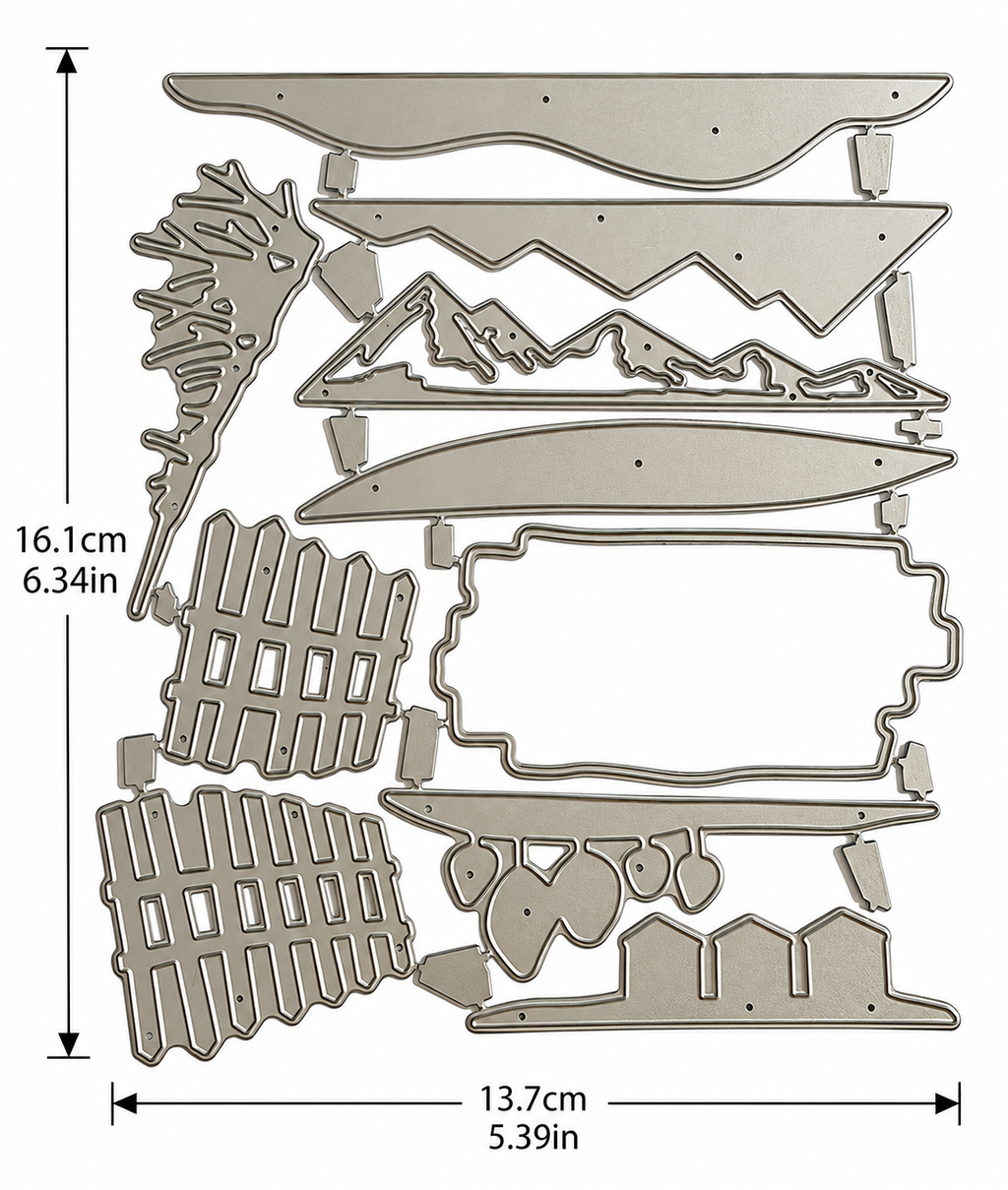 Mountain Landscape Metal Cutting Dies Set with Hills Fence and Houses for Card Making