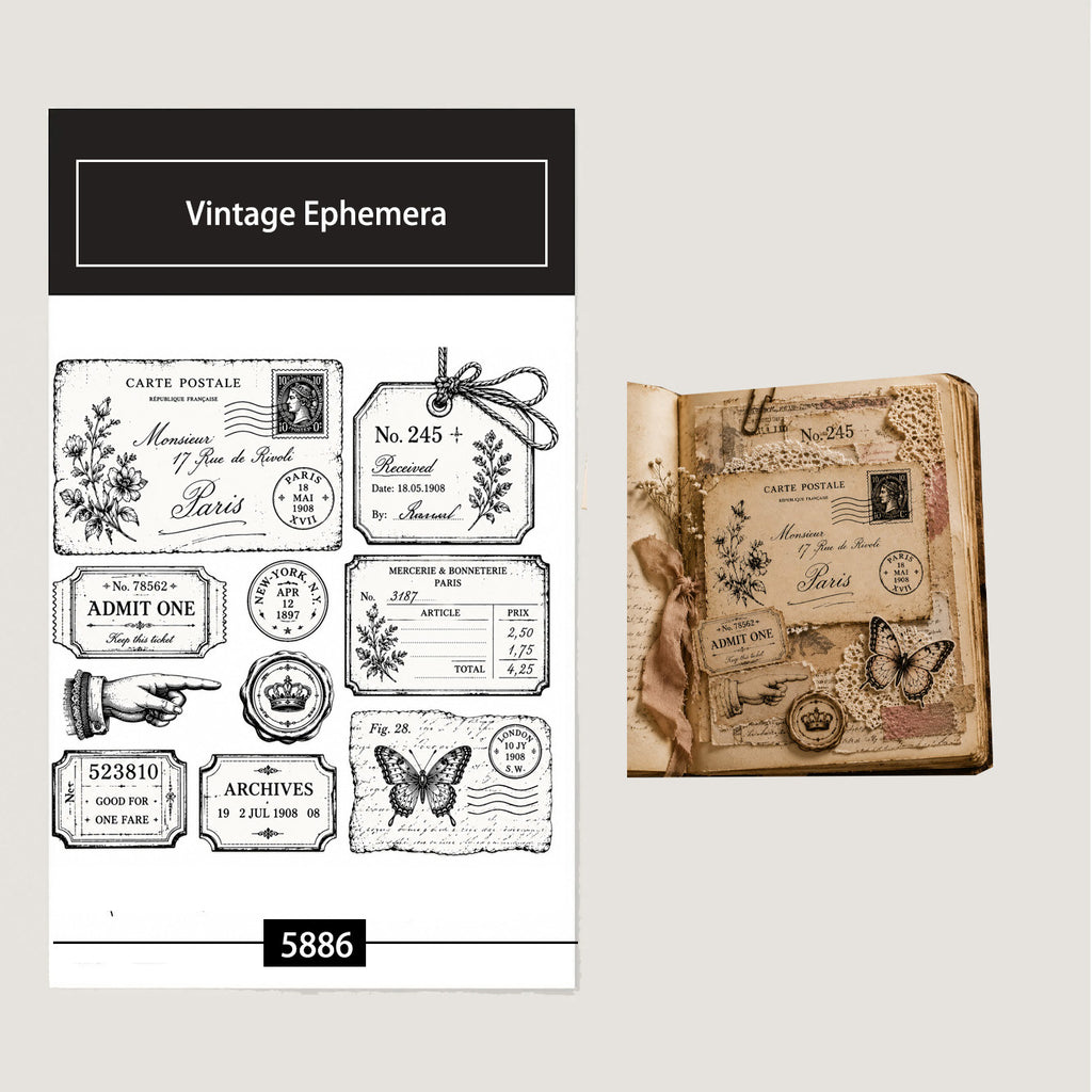 Vintage Ephemera Clear Stamp Set 14 x 14 cm Paris Postcard Ticket Silicone Stamps