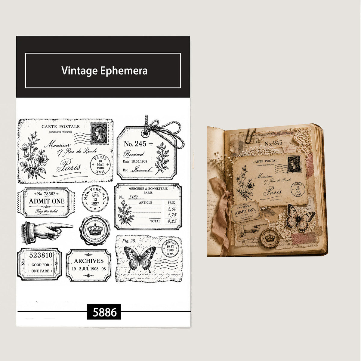 Vintage Ephemera Clear Stamp Set 14 x 14 cm Paris Postcard Ticket Silicone Stamps