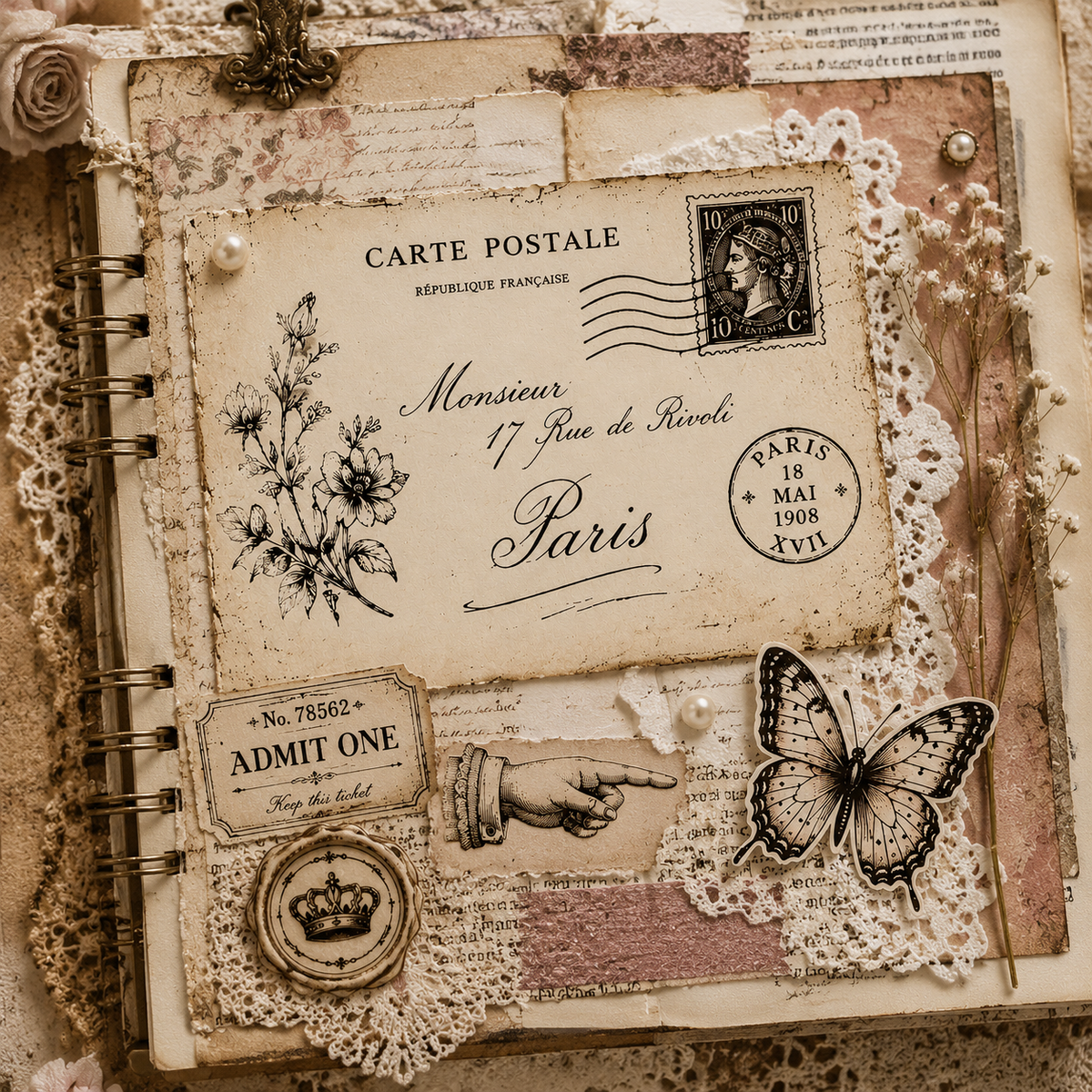 Vintage Ephemera Clear Stamp Set 14 x 14 cm Paris Postcard Ticket Silicone Stamps