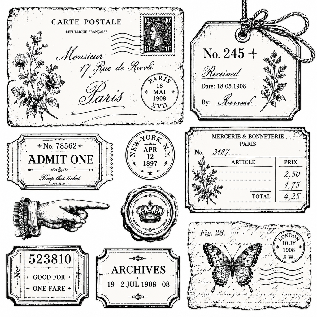 Vintage Ephemera Clear Stamp Set 14 x 14 cm Paris Postcard Ticket Silicone Stamps