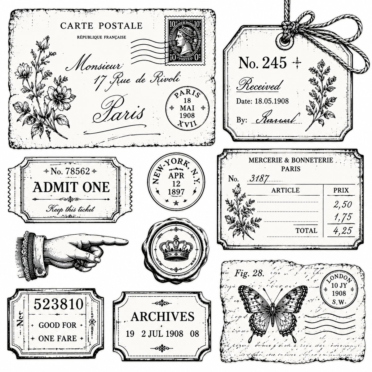 Vintage Ephemera Clear Stamp Set 14 x 14 cm Paris Postcard Ticket Silicone Stamps