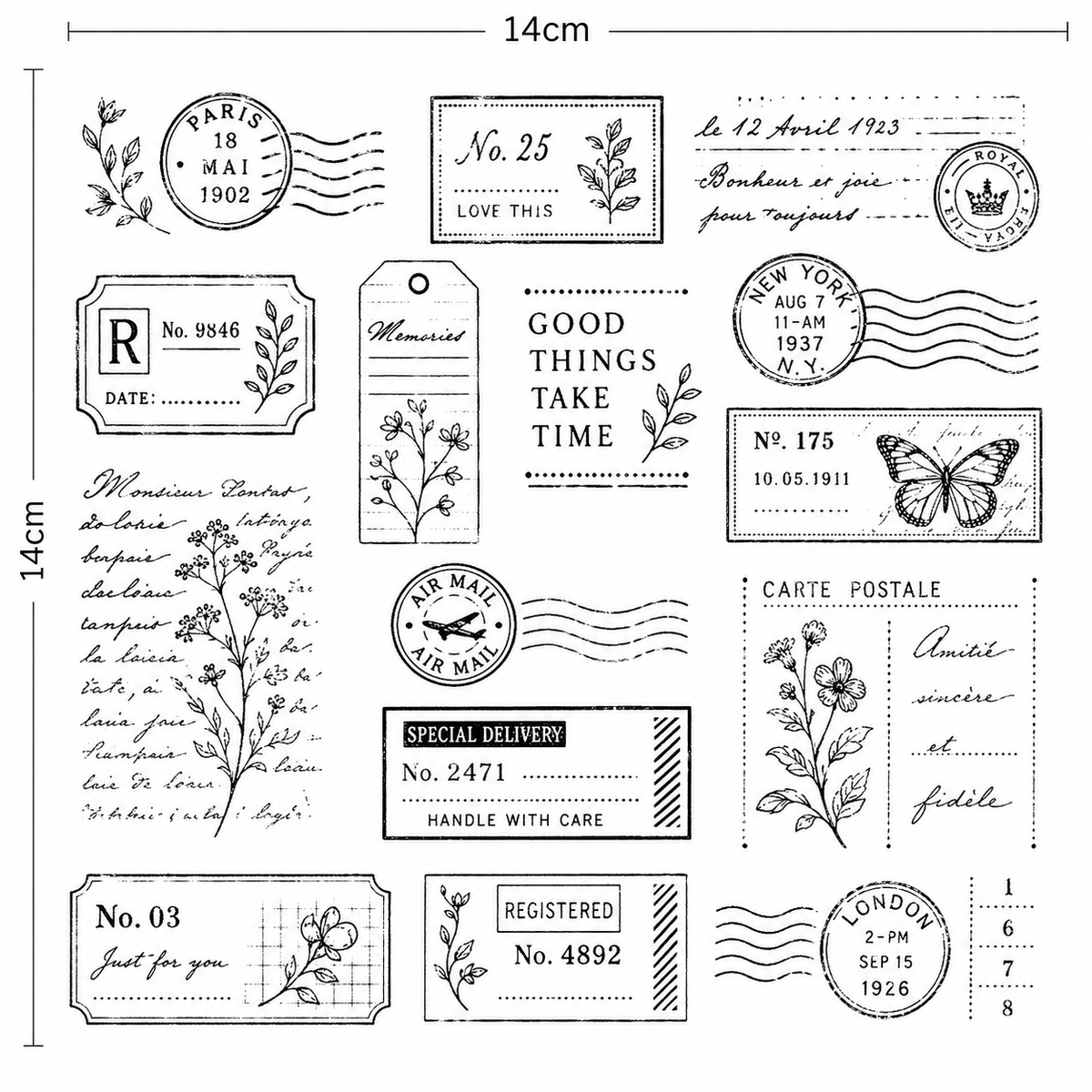 Vintage Label and Postmark Clear Stamp Set 14 x 14 cm Journal Silicone Stamps