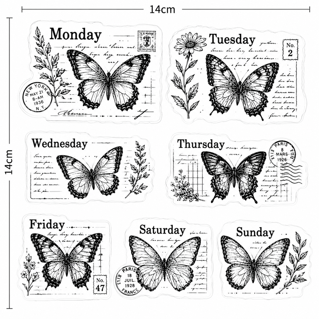 Butterfly Week Clear Stamp Set 14 x 14 cm Daily Journal Silicone Stamps