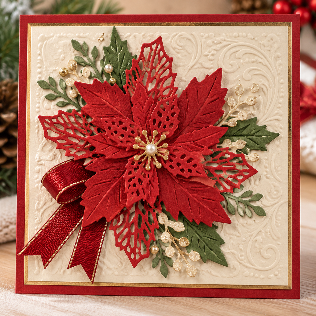 Poinsettia and Holly Leaves Metal Cutting Dies Set for Christmas Card Making and Scrapbooking