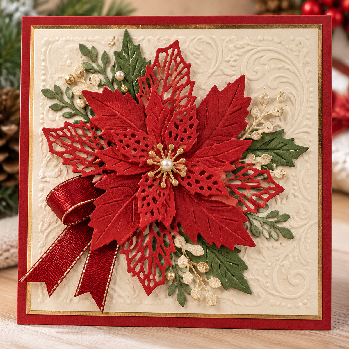 Poinsettia and Holly Leaves Metal Cutting Dies Set for Christmas Card Making and Scrapbooking