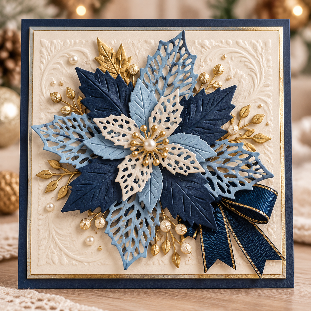 Poinsettia and Holly Leaves Metal Cutting Dies Set for Christmas Card Making and Scrapbooking