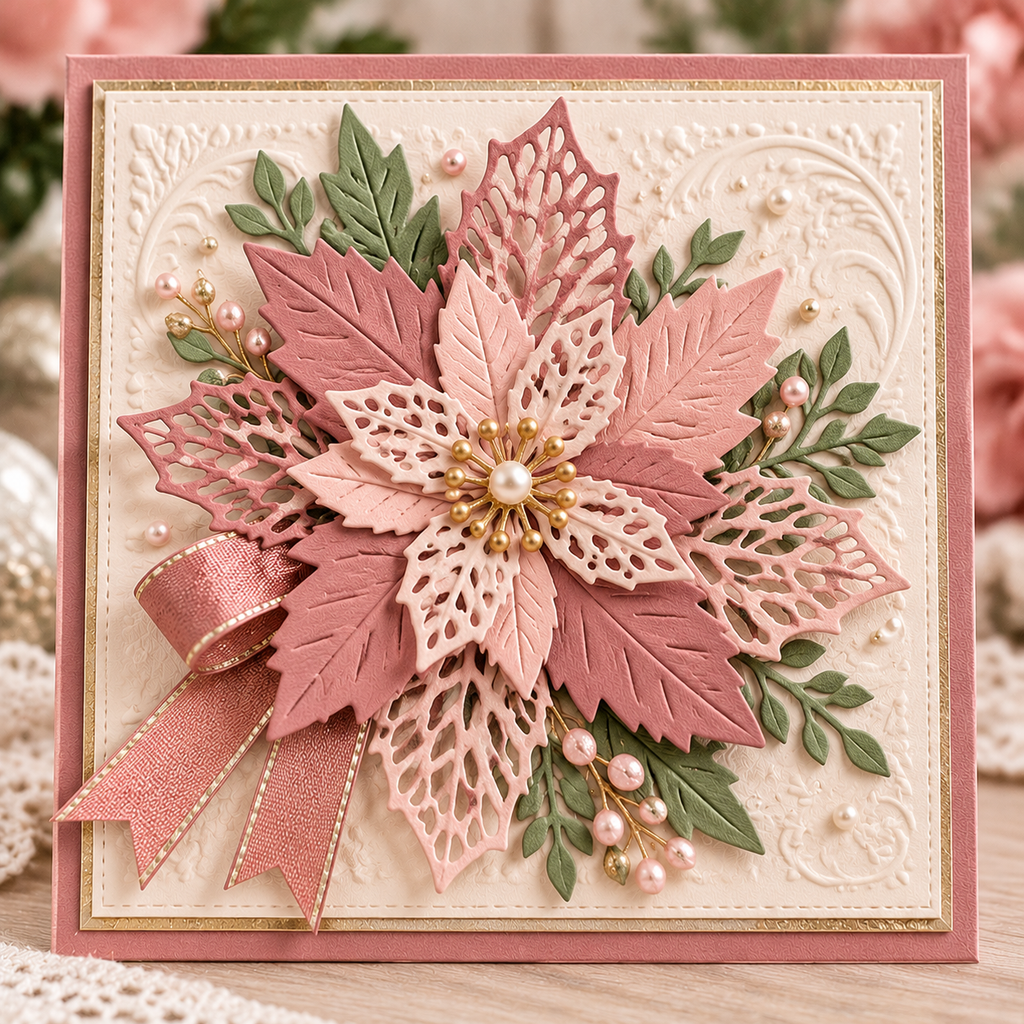 Poinsettia and Holly Leaves Metal Cutting Dies Set for Christmas Card Making and Scrapbooking