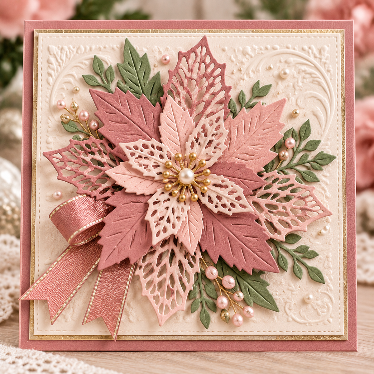 Poinsettia and Holly Leaves Metal Cutting Dies Set for Christmas Card Making and Scrapbooking