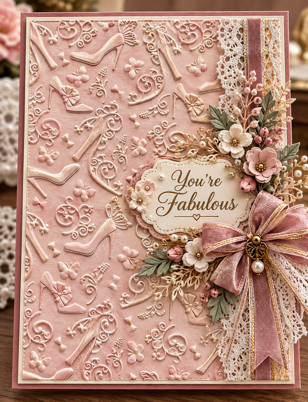 High Heel Shoe Embossing Folder with Bows Butterflies and Swirls for Fashion Cards