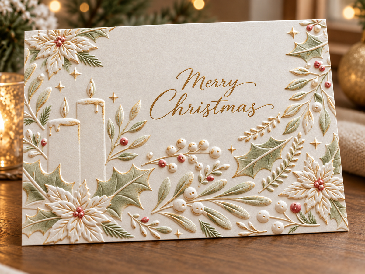 Christmas Candle Embossing Folder with Poinsettia Holly and Berries for Holiday Card Making Scrapbooking