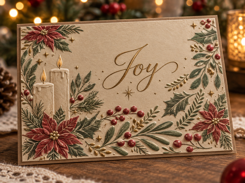Christmas Candle Embossing Folder with Poinsettia Holly and Berries for Holiday Card Making Scrapbooking