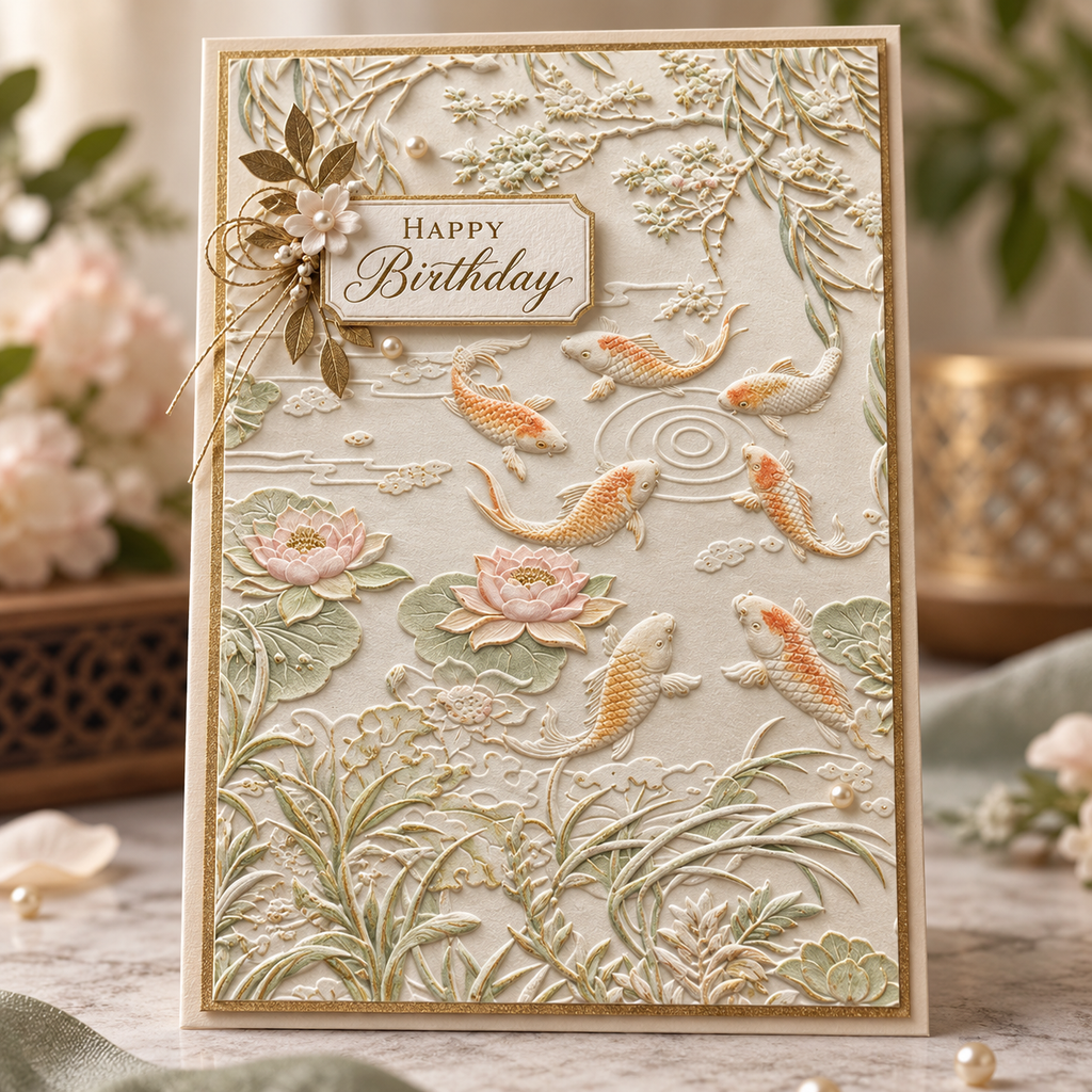 Koi Pond Embossing Folder with Lotus Flowers for Card Making and Scrapbooking