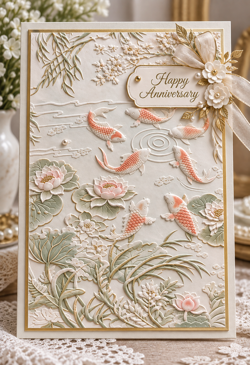 Koi Pond Embossing Folder with Lotus Flowers for Card Making and Scrapbooking