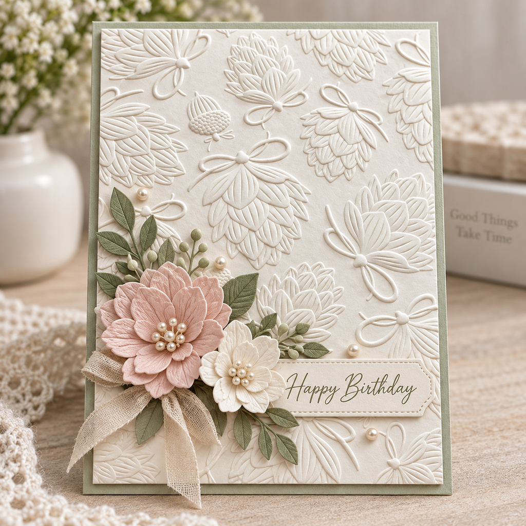 Pinecone and Bow Embossing Folder for Christmas Cards and Woodland Paper Crafts