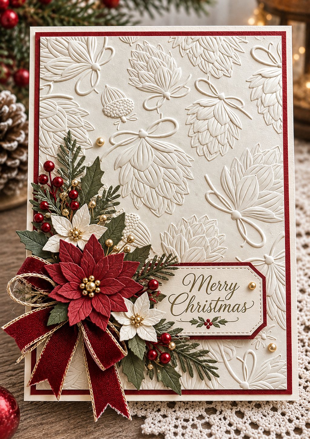 Pinecone and Bow Embossing Folder for Christmas Cards and Woodland Paper Crafts