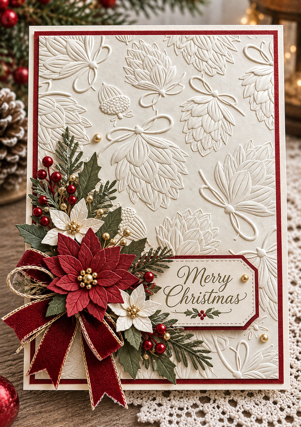 Pinecone and Bow Embossing Folder for Christmas Cards and Woodland Paper Crafts