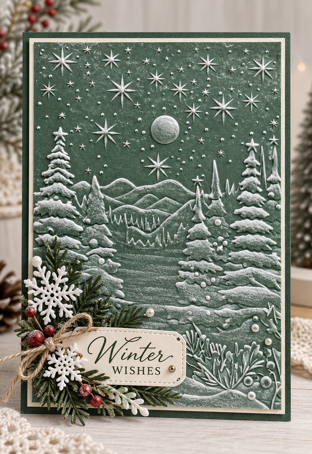 Winter Forest Embossing Folder with Stars and Moon for Christmas Card Making
