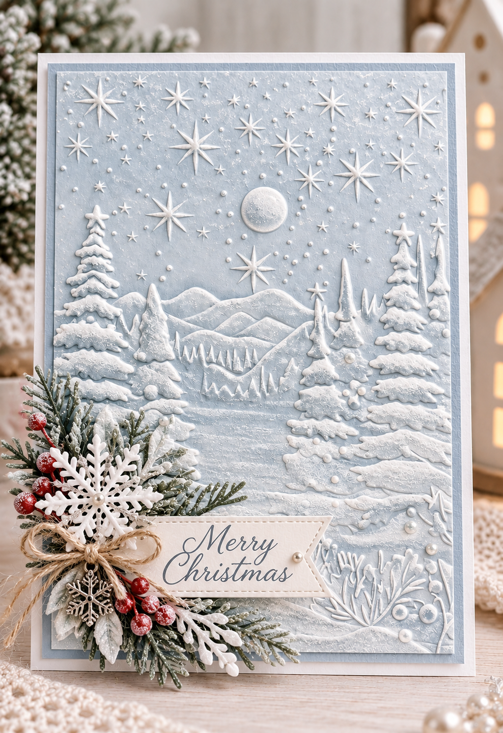 Winter Forest Embossing Folder with Stars and Moon for Christmas Card Making