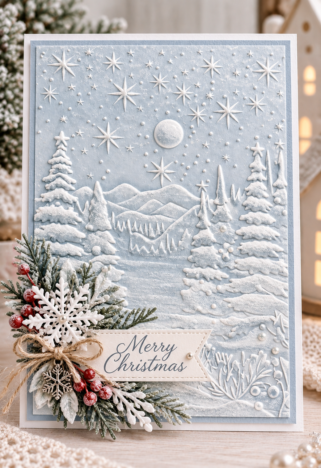 Winter Forest Embossing Folder with Stars and Moon for Christmas Card Making