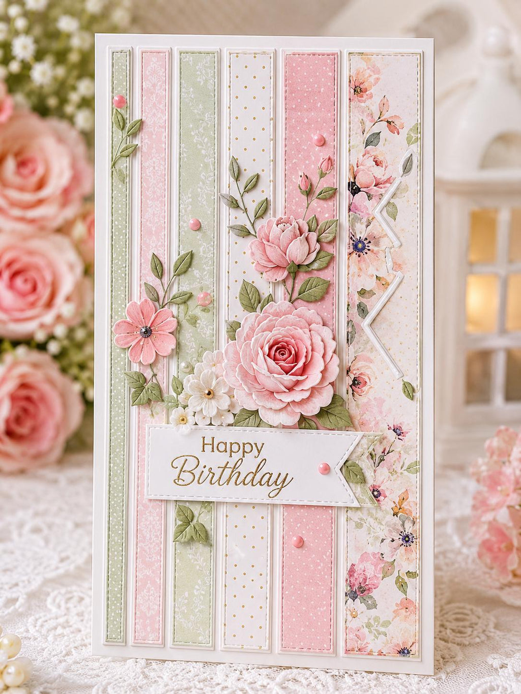Tall floral birthday card with layered vertical banner trim strips