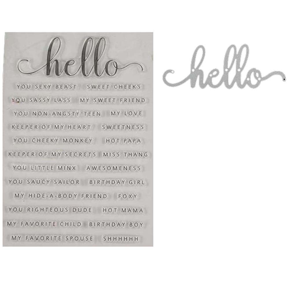 Hello Stamp and Die Set, Clear Rubber Stamp, Card Making