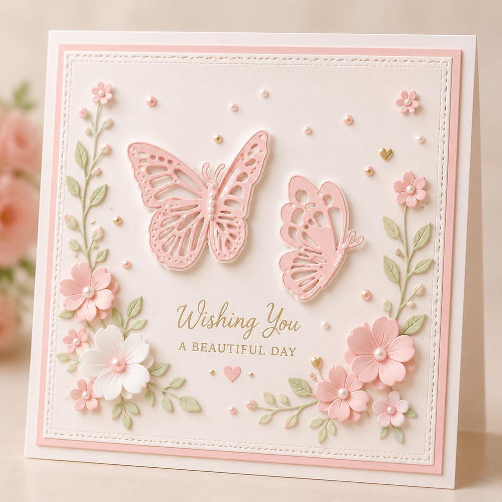 Pink card with two butterfly die cuts, flowers, and wishing you a beautiful day greeting