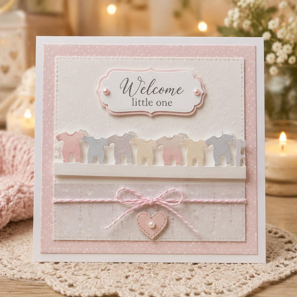 Pink baby card with pastel clothing border, twine bow, and Welcome Little One greeting