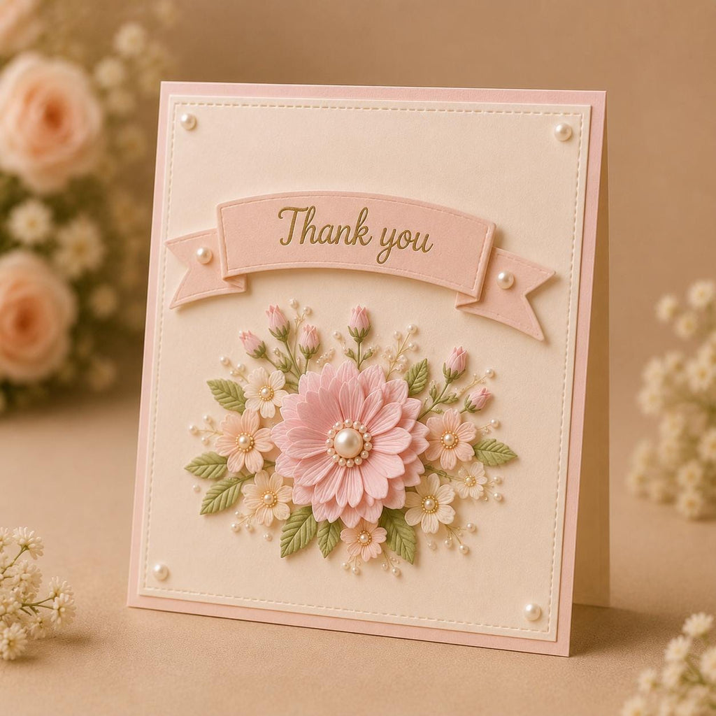 Pink floral thank-you card with layered ribbon banner and pearl accents