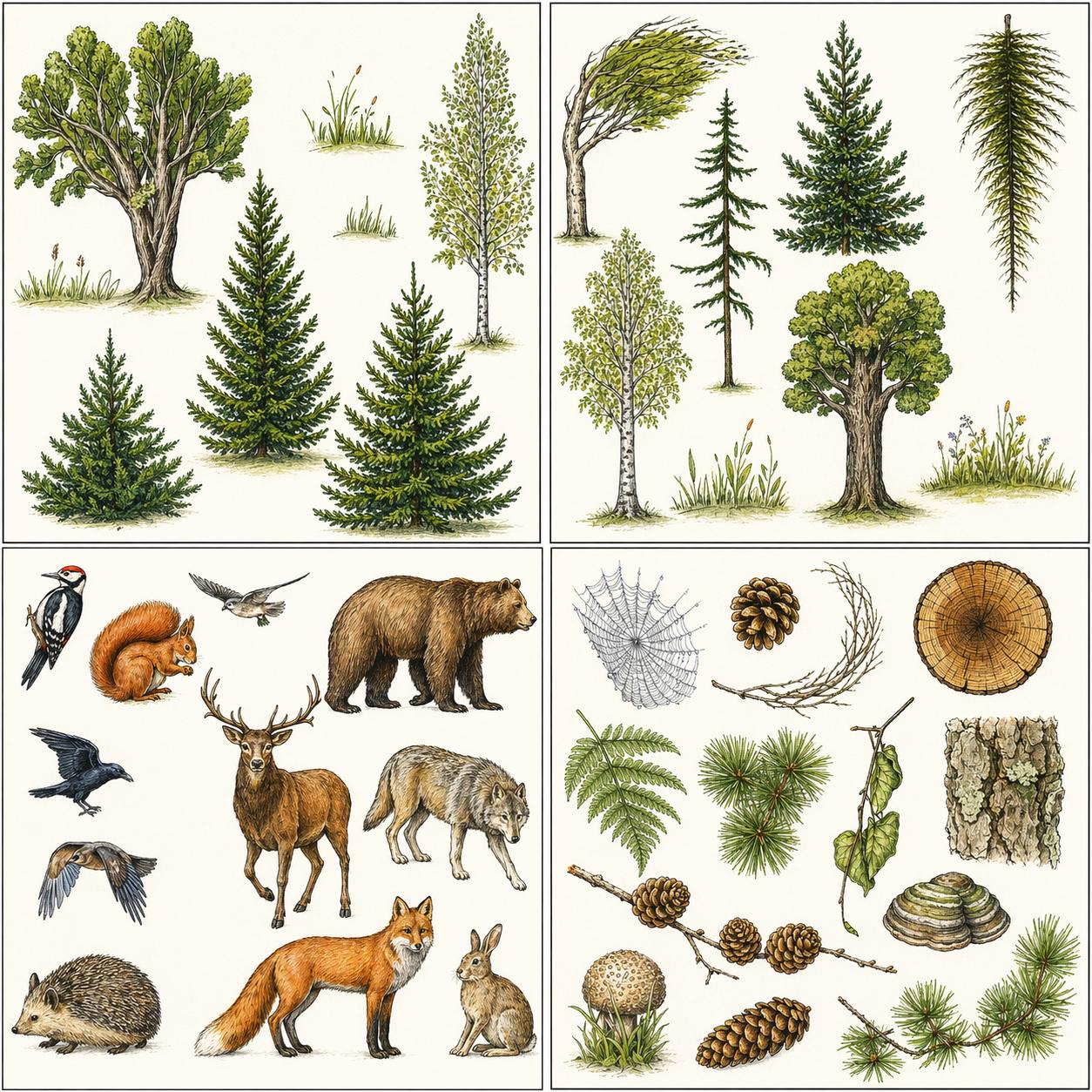 Woodland Clear Stamp Set – Forest Animals, Trees, Botanical Elements Card Making, Scrapbooking (4 Sheets)