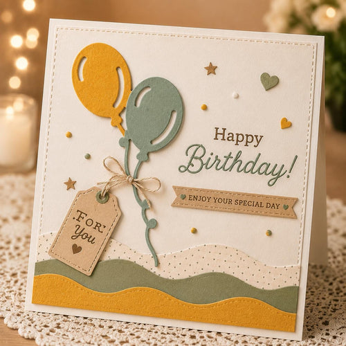 Yellow and green balloon birthday card with tag and Happy Birthday greeting