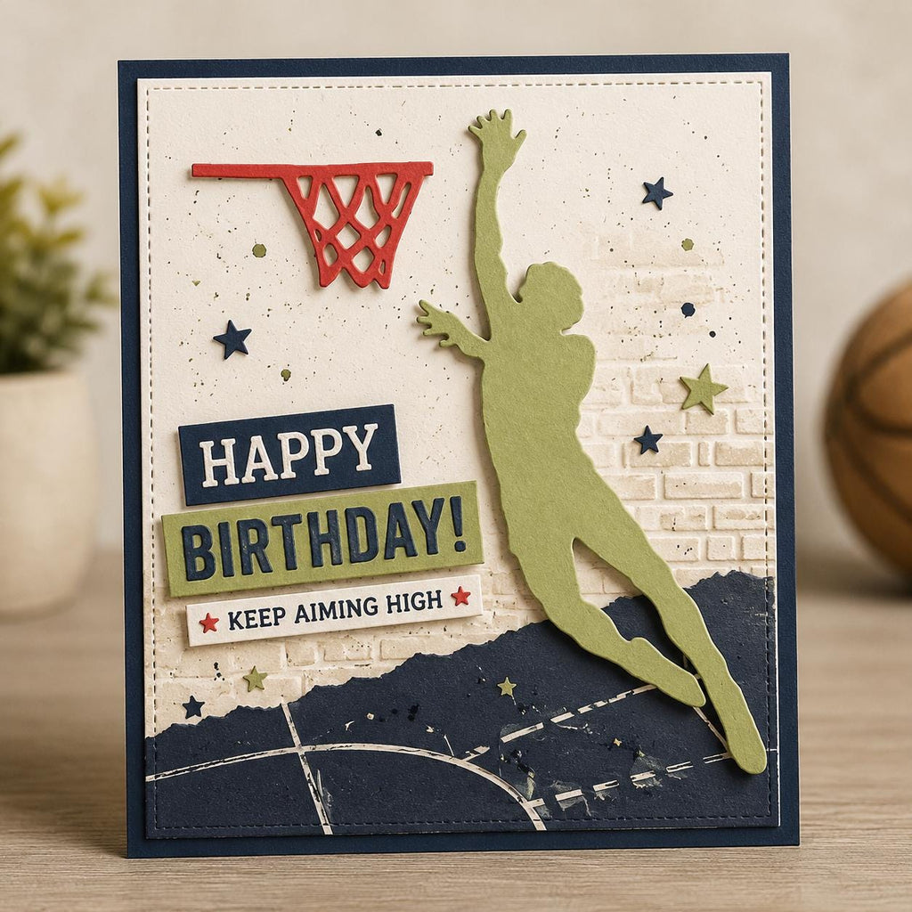 Basketball birthday card with jumping player silhouette and hoop