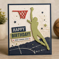 Basketball birthday card with jumping player silhouette and hoop