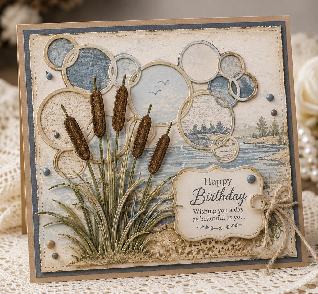 Birthday card with brown cattails, overlapping bubble circles, and lake landscape background
