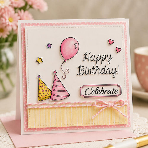 Pink birthday card with balloons, party hats, celebrate label, and striped yellow panel