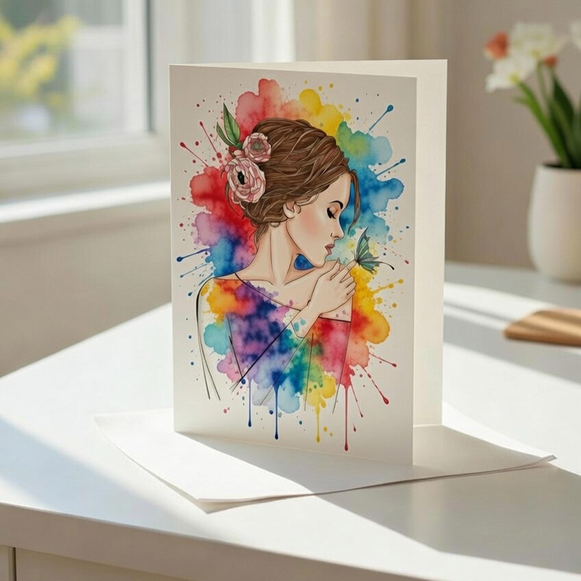Woman with Peonies Clear Stamp | Butterfly, Card Making (7x9.5cm)