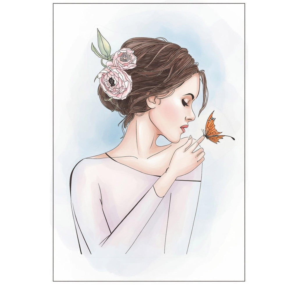 Woman with Peonies Clear Stamp | Butterfly, Card Making (7x9.5cm)