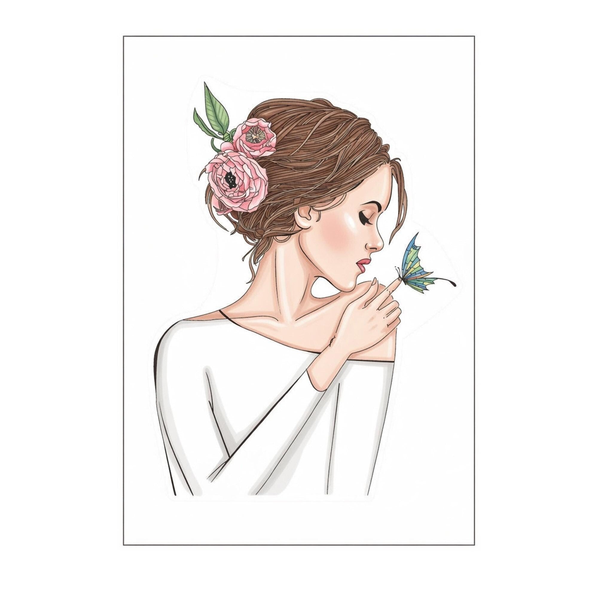Woman with Peonies Clear Stamp | Butterfly, Card Making (7x9.5cm)