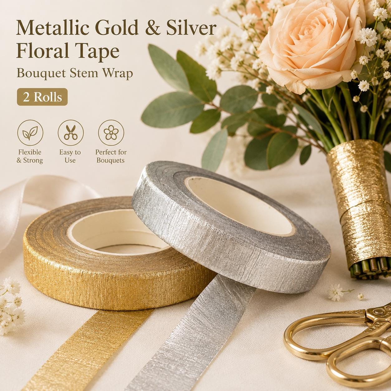 Metallic Floral Tape, Gold Silver Bouquet Stem Wrap, 2 Rolls Craft Supplies