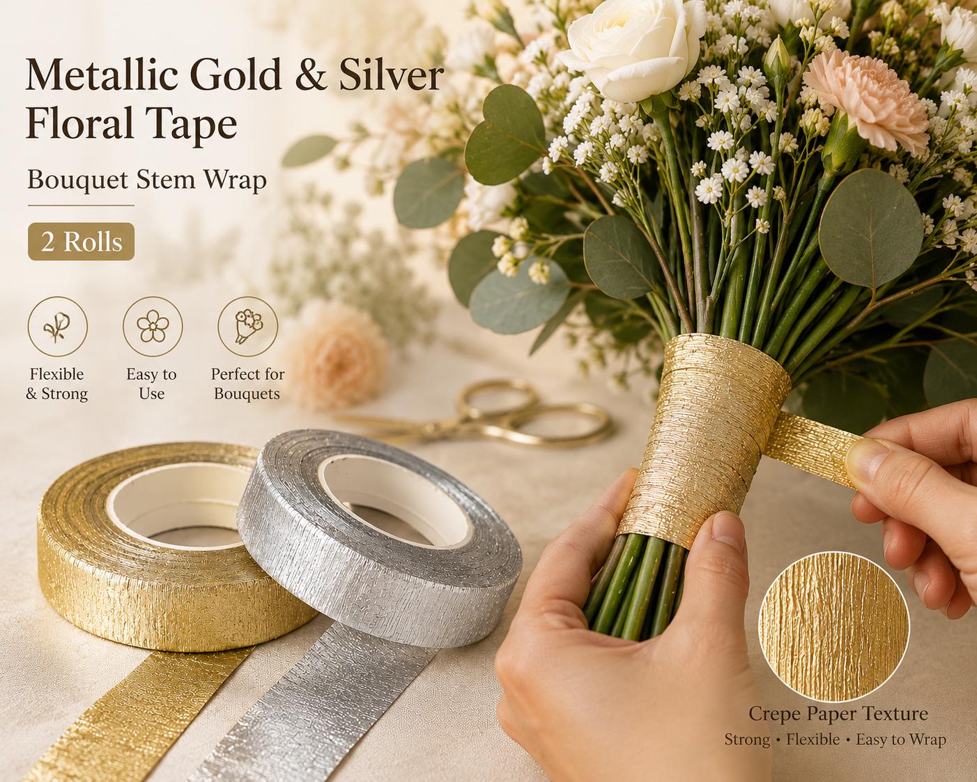 Metallic Floral Tape, Gold Silver Bouquet Stem Wrap, 2 Rolls Craft Supplies