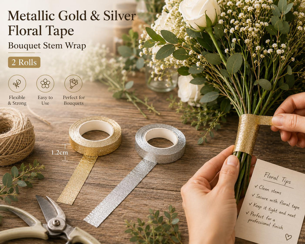 Metallic Floral Tape, Gold Silver Bouquet Stem Wrap, 2 Rolls Craft Supplies