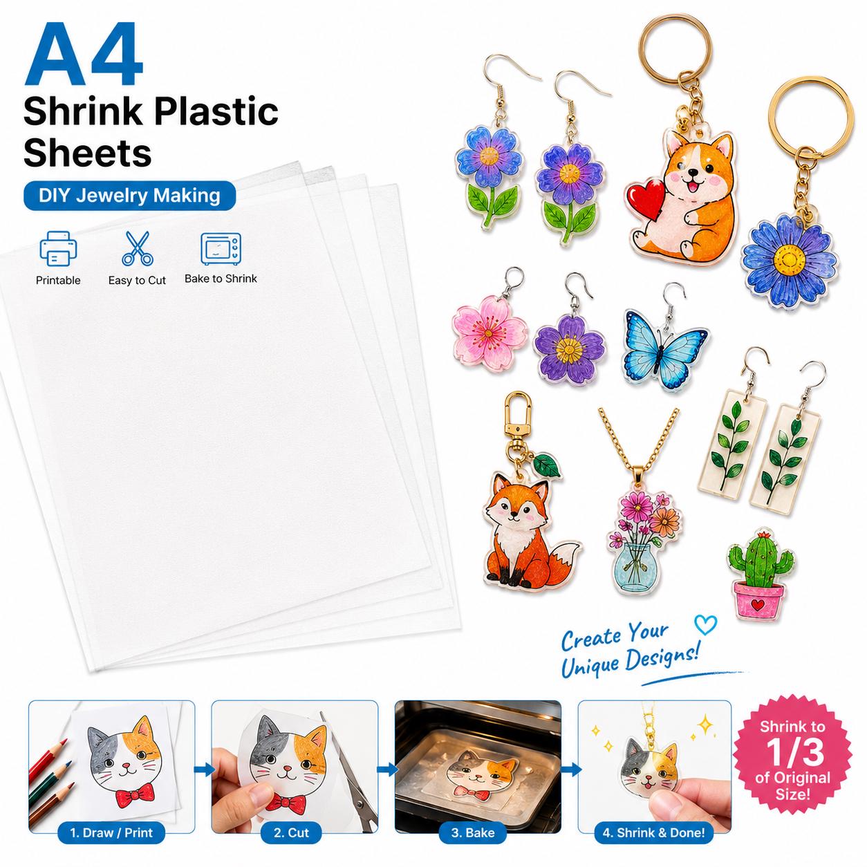 Printable Shrink Plastic Sheets, A4 Size, DIY Jewelry Making