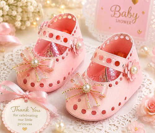 Pink baby shoe paper craft card with bows, flowers, and baby shower greeting